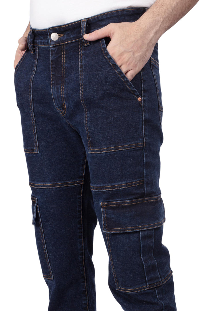 Custom Made Blue Neo Straight Fit Cargo Denim Jeans for Men