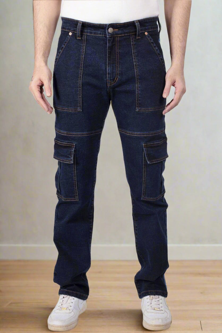 Custom Made Blue Neo Straight Fit Cargo Denim Jeans for Men