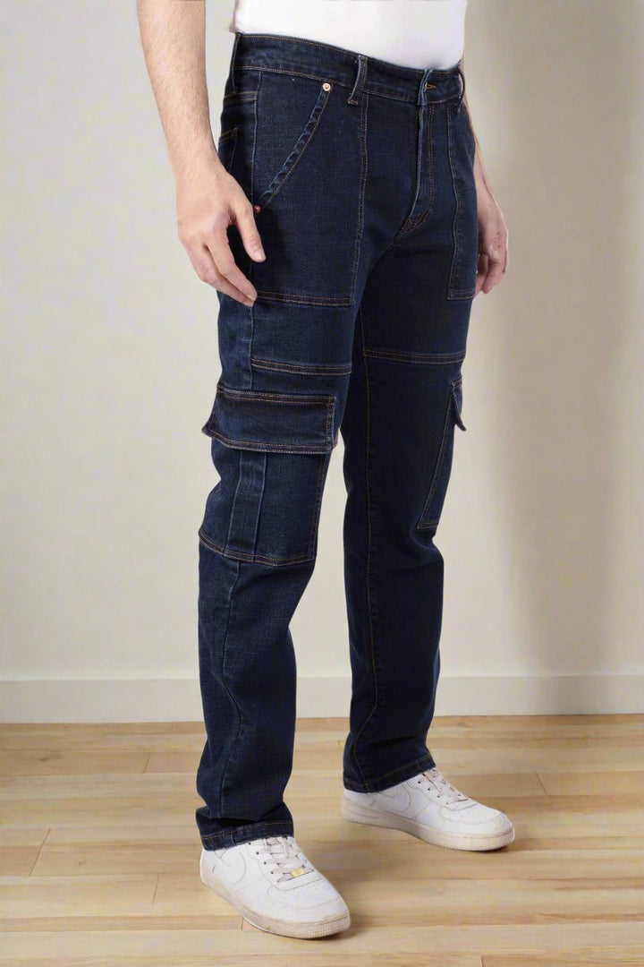 Custom Made Blue Neo Straight Fit Cargo Denim Jeans for Men