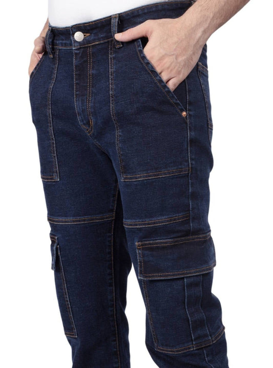 Custom Made Blue Neo Straight Fit Cargo Denim Jeans for Men